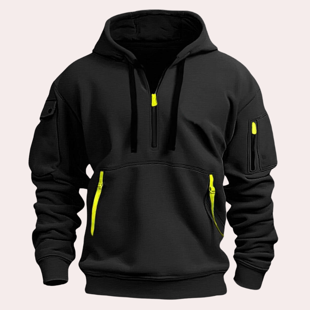 Schwarzer Hoodie mit gelben Reißverschlüssen, Kapuze und Taschen. Modischer Kapuzenpullover für Herren, ideal für Freizeit und Sport.
