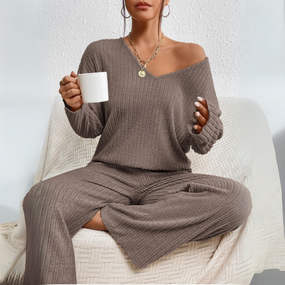 Damen Loungewear Set Mit V-Ausschnitt Pullover Und Gerade Geschnittenen Hosen