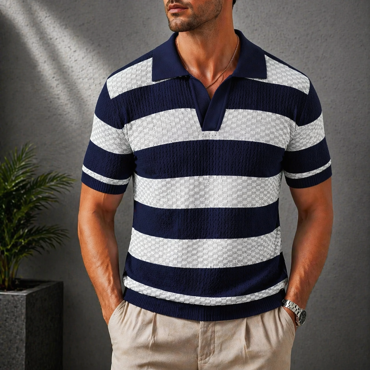 Herren Strick Poloshirt mit Strukturstreifen – Offener Kragen Entspannte Passform