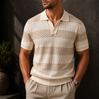 Herren Strick Poloshirt mit Strukturstreifen – Offener Kragen Entspannte Passform