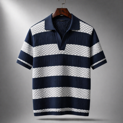 Herren Strick Poloshirt mit Strukturstreifen – Offener Kragen Entspannte Passform