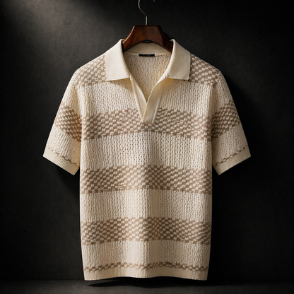 Herren Strick Poloshirt mit Strukturstreifen – Offener Kragen Entspannte Passform
