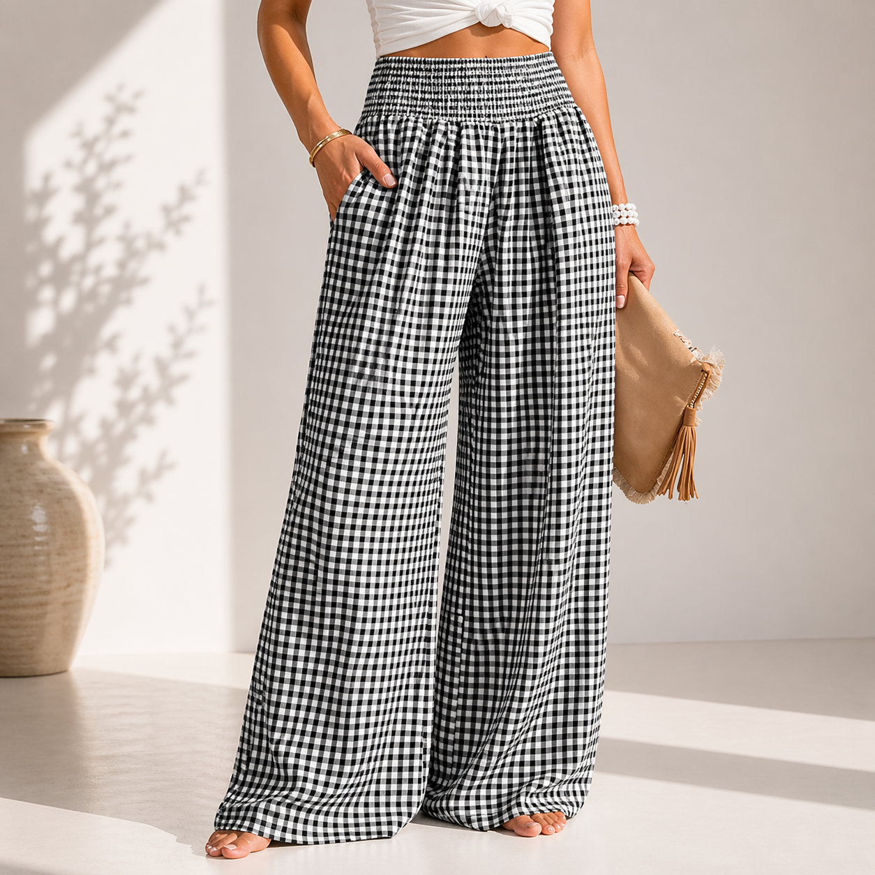 Damen Weite Hose mit Vichy-Karo und Gesmoktem Bund