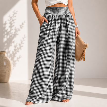 Damen Weite Hose mit Vichy-Karo und Gesmoktem Bund