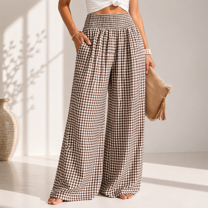 Damen Weite Hose mit Vichy-Karo und Gesmoktem Bund