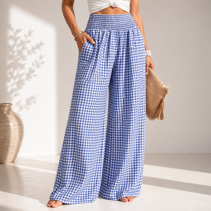 Damen Weite Hose mit Vichy-Karo und Gesmoktem Bund