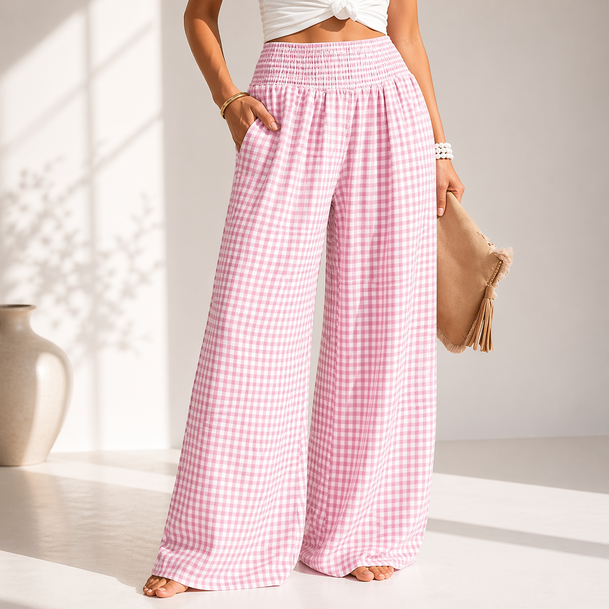 Damen Weite Hose mit Vichy-Karo und Gesmoktem Bund