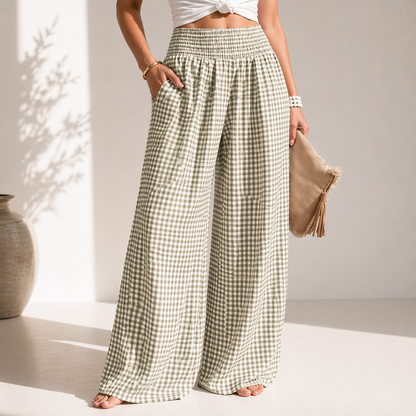 Damen Weite Hose mit Vichy-Karo und Gesmoktem Bund