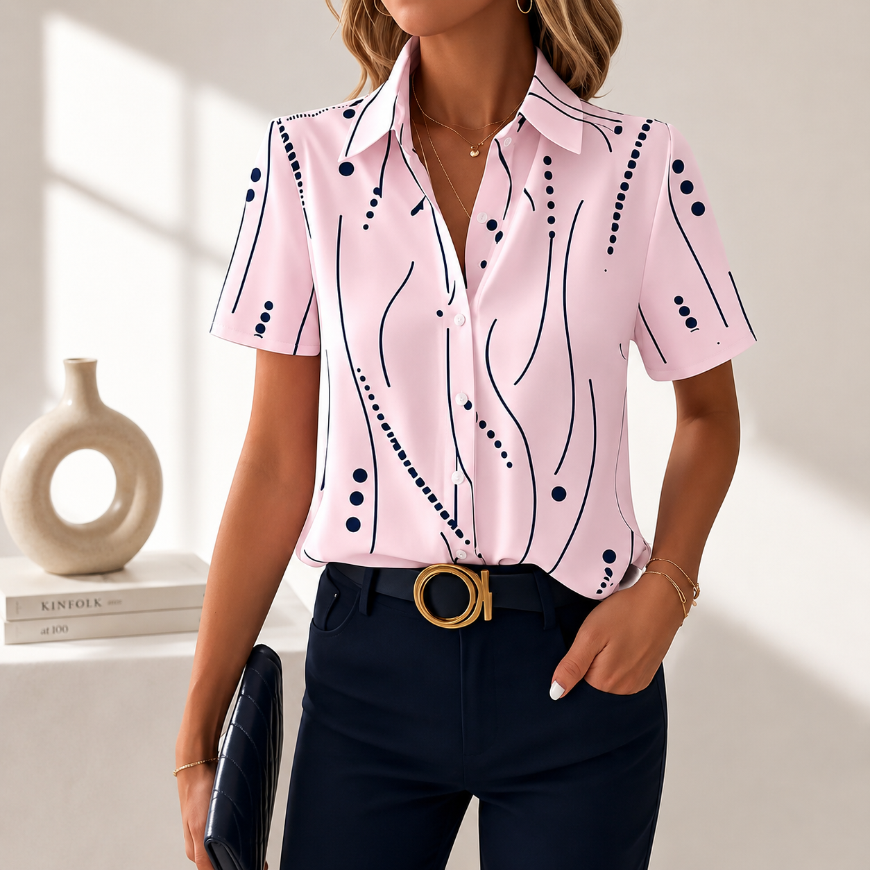 Damenbluse mit Abstraktem Muster und Knopfleiste