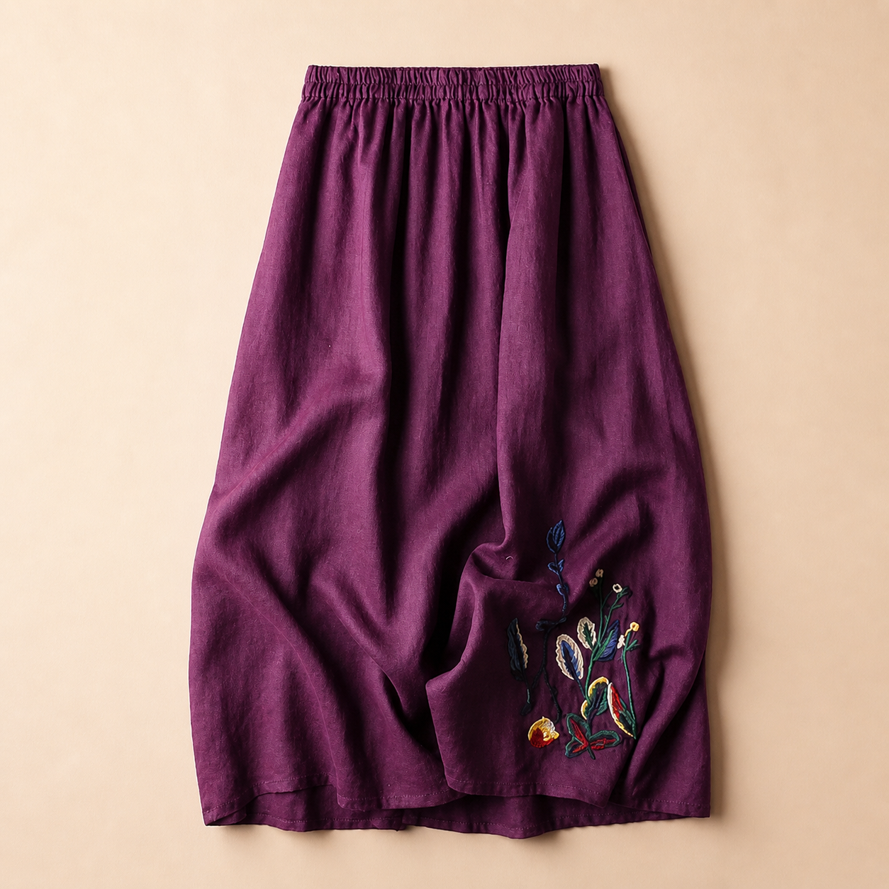 Damen Midirock mit Elastischem Bund und Stickerei