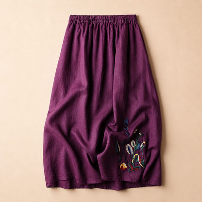 Damen Midirock mit Elastischem Bund und Stickerei