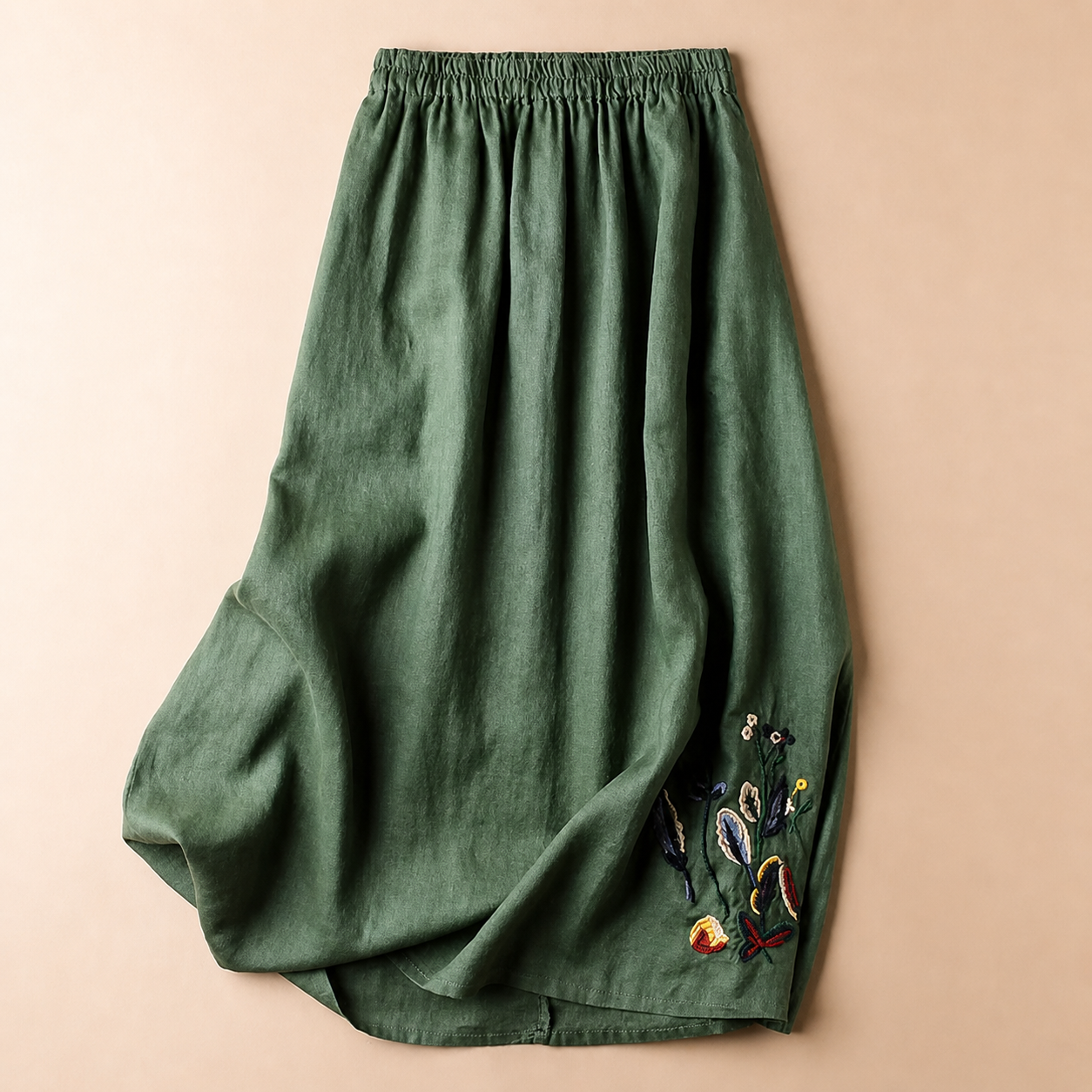 Damen Midirock mit Elastischem Bund und Stickerei