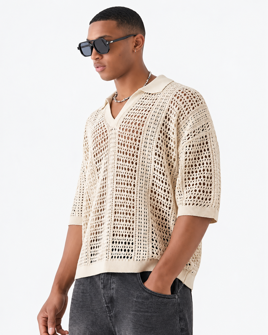 Strickpolo Mit Durchbrochenem Lochmuster