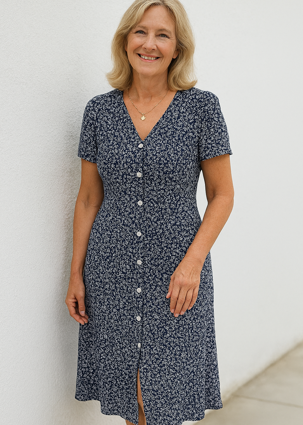 Damen Sommerkleid mit V-Ausschnitt Knopfleiste und kurzen Ärmeln