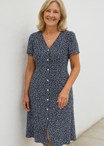 Damen Sommerkleid mit V-Ausschnitt Knopfleiste und kurzen Ärmeln