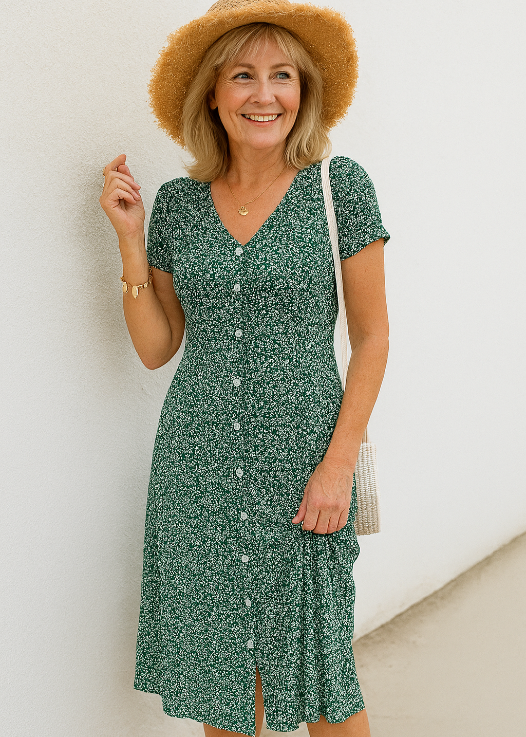 Damen Sommerkleid mit V-Ausschnitt Knopfleiste und kurzen Ärmeln