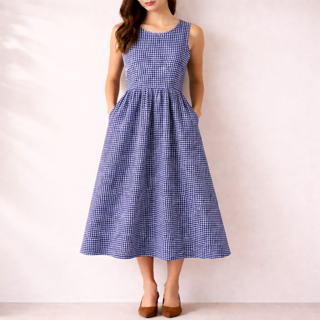 Damen Ärmelloses Midikleid mit Vichy Karo – Rundhalsausschnitt Seitentaschen