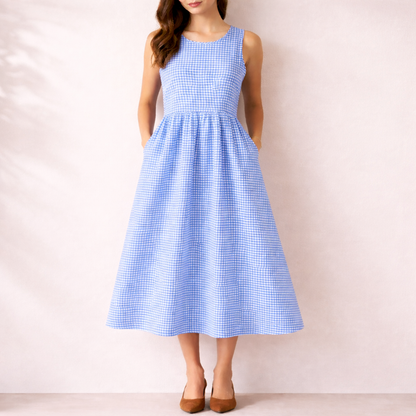 Damen Ärmelloses Midikleid mit Vichy Karo – Rundhalsausschnitt Seitentaschen