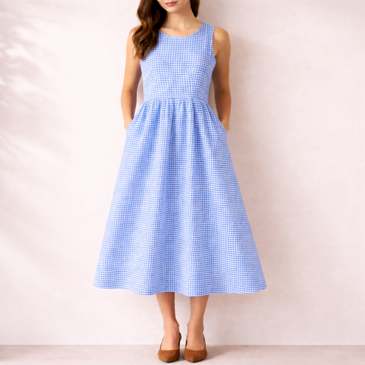 Damen Ärmelloses Midikleid mit Vichy Karo – Rundhalsausschnitt Seitentaschen