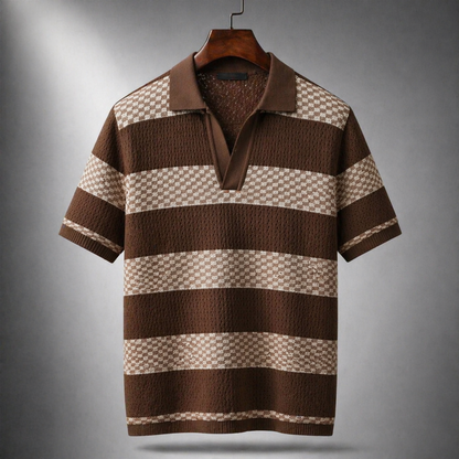 Herren Strick Poloshirt mit Strukturstreifen – Offener Kragen Entspannte Passform