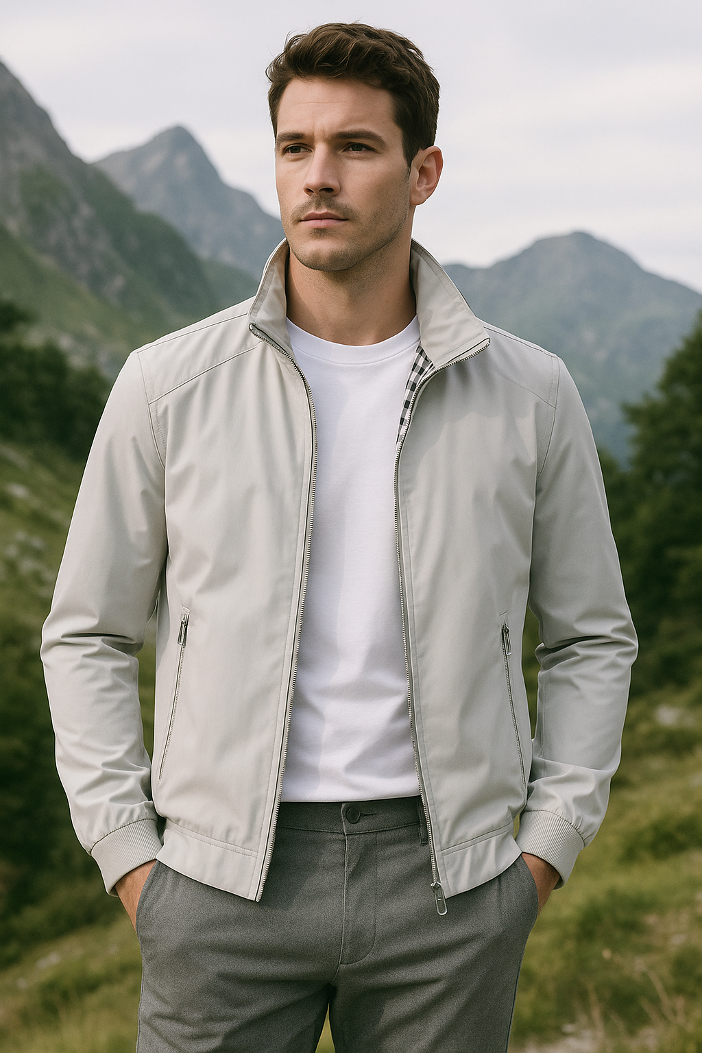 Ein Mann in einer hellgrauen Jacke und weißem T-Shirt steht vor einer Berglandschaft. Mode, Herrenjacke, Outdoor, stilvoll, Natur.