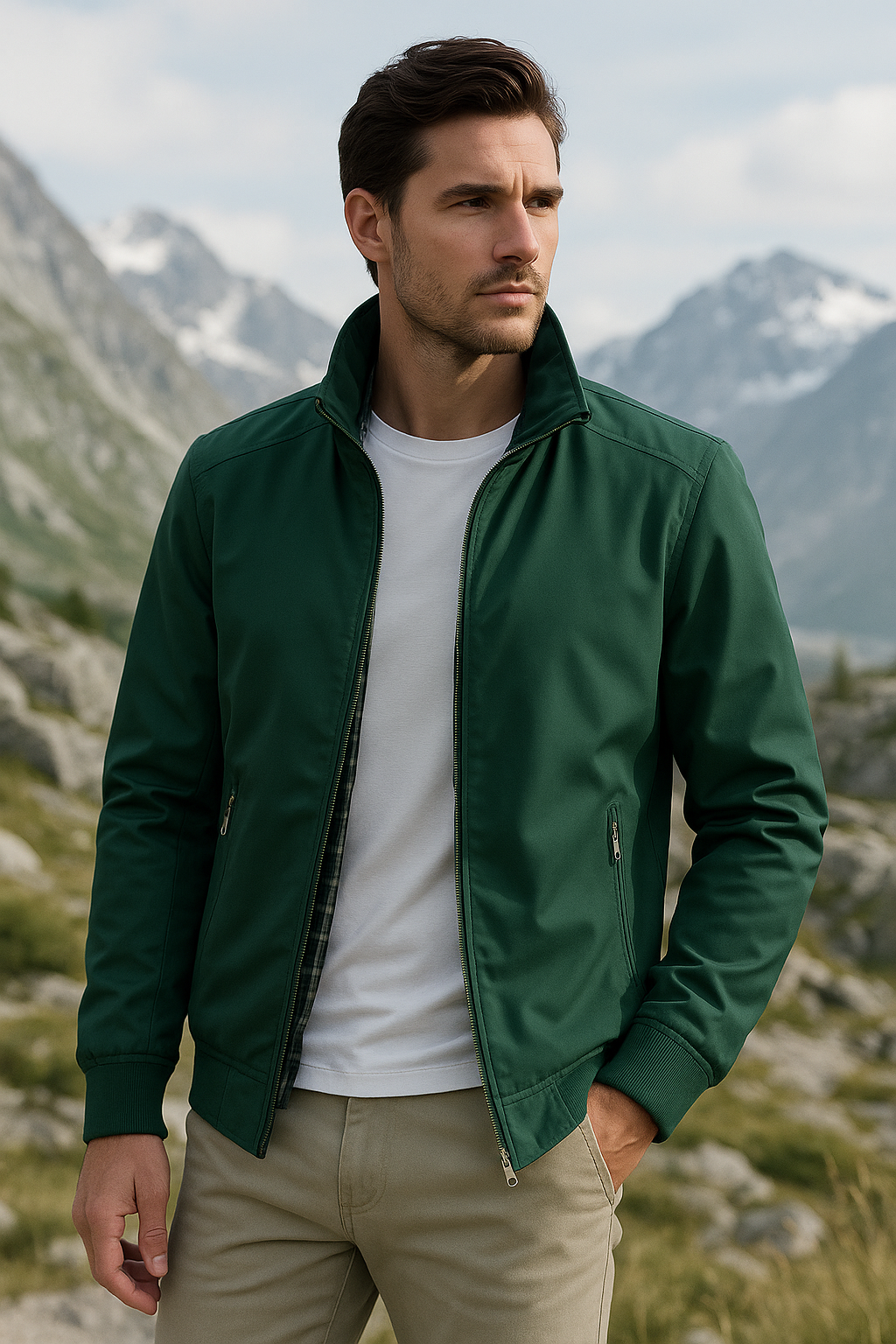 Mann in grüner Jacke und weißem T-Shirt vor Berglandschaft. Outdoor-Mode, Herrenbekleidung, stilvolle Freizeitkleidung, Naturkulisse.