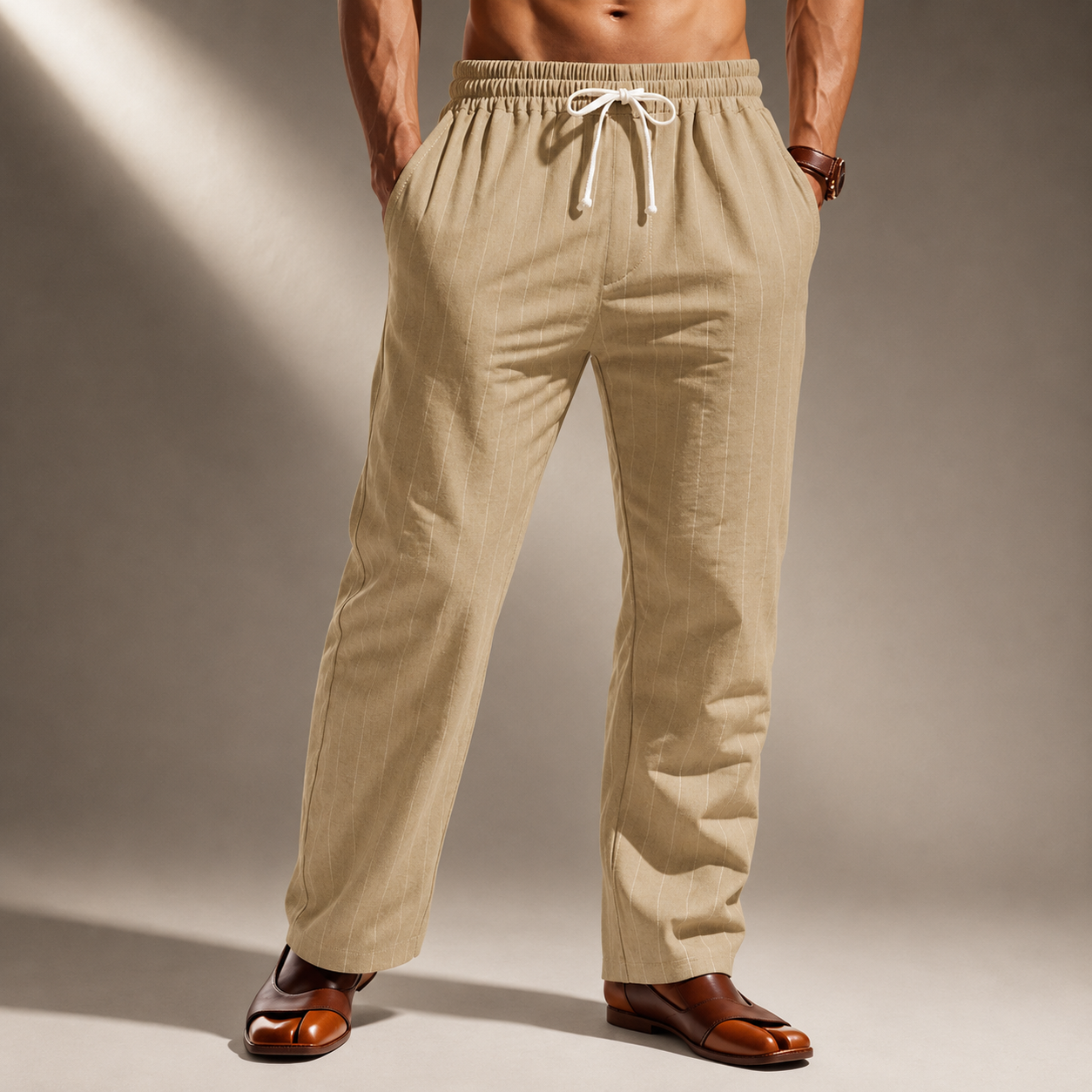 Herren Hose mit Nadelstreifen – Kordelzug Gerader Lockerer Schnitt