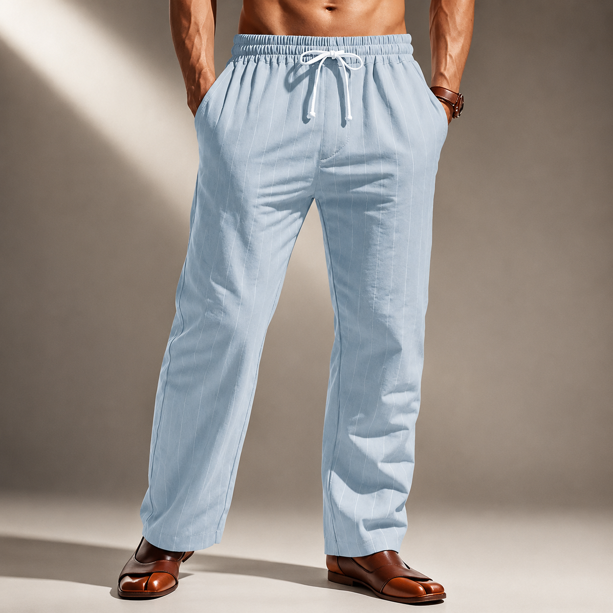 Herren Hose mit Nadelstreifen – Kordelzug Gerader Lockerer Schnitt