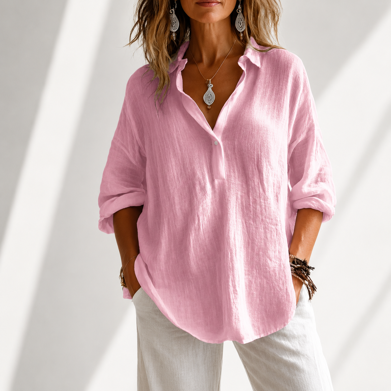 Damen Bluse mit Knopfleiste und Lockerem Schnitt