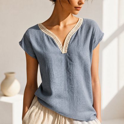 Damenbluse mit V Ausschnitt und Spitzenbesatz