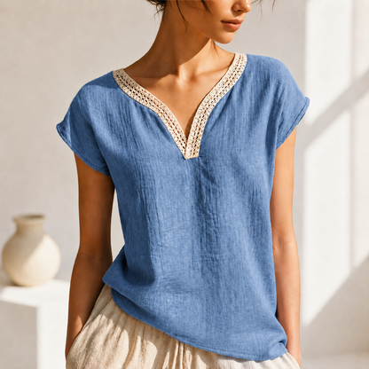 Damenbluse mit V Ausschnitt und Spitzenbesatz