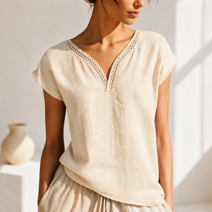 Damenbluse mit V Ausschnitt und Spitzenbesatz
