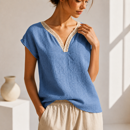 Damenbluse mit V Ausschnitt und Spitzenbesatz