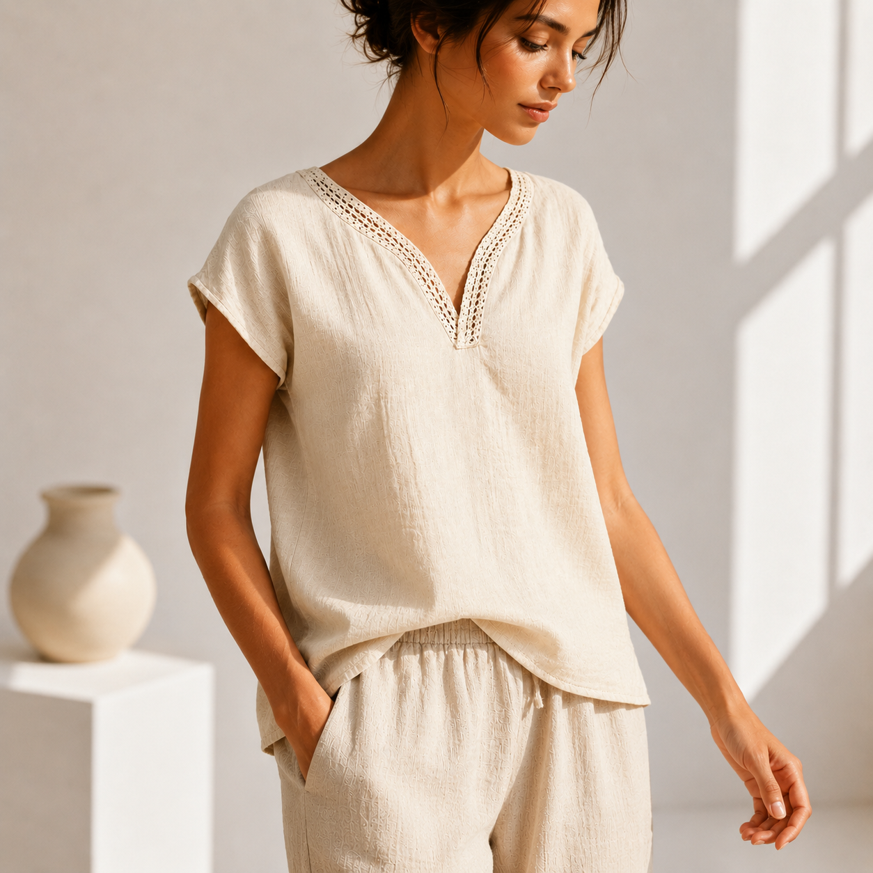 Damenbluse mit V Ausschnitt und Spitzenbesatz