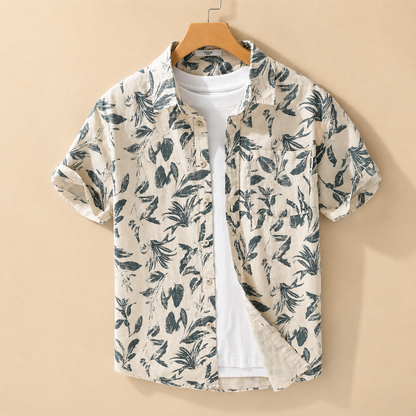 Herren Sommer Hemd mit Knopfleiste – Tropisches Blattmuster Kurzarm