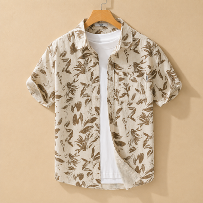 Herren Sommer Hemd mit Knopfleiste – Tropisches Blattmuster Kurzarm