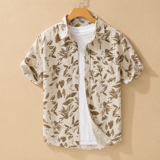 Herren Sommer Hemd mit Knopfleiste – Tropisches Blattmuster Kurzarm