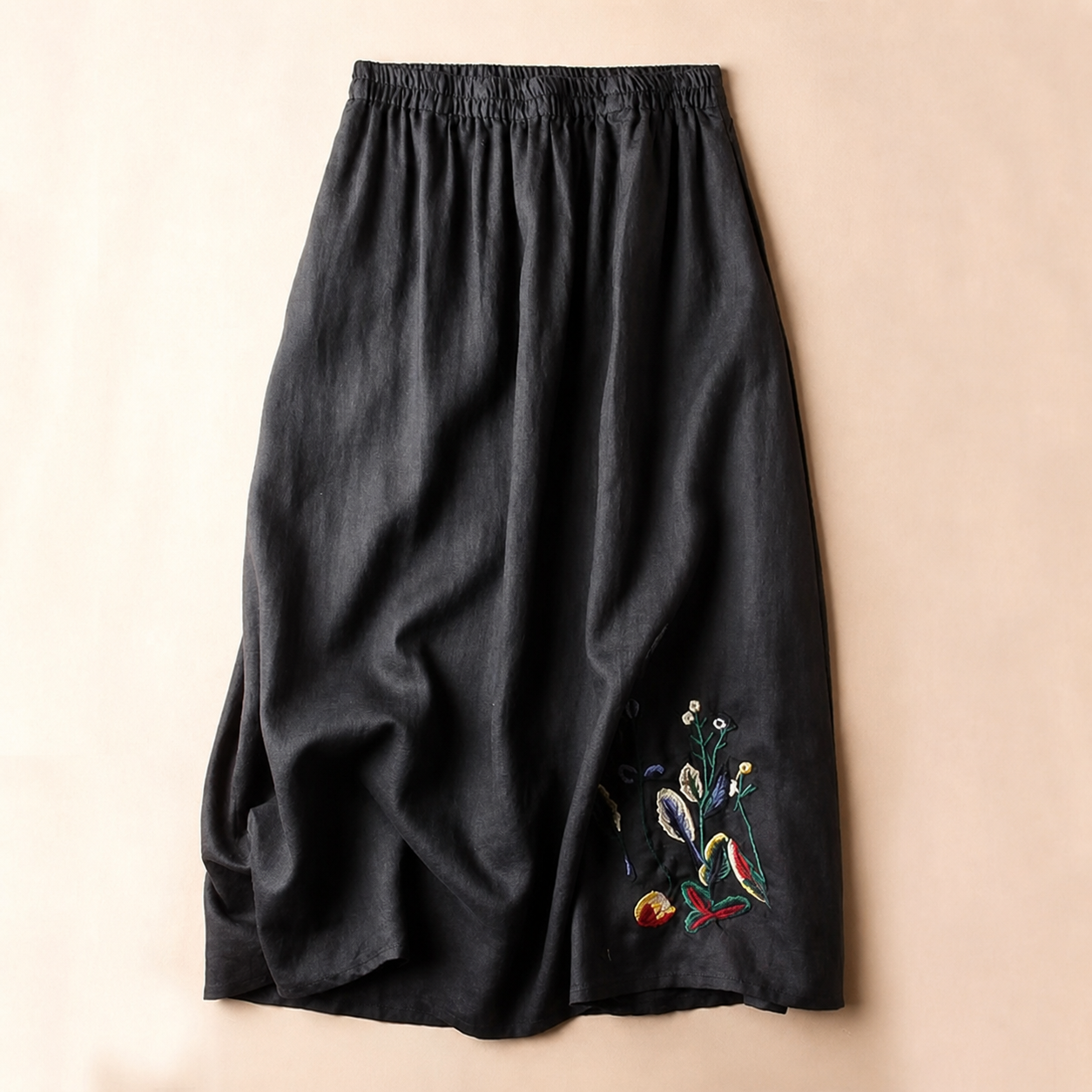 Damen Midirock mit Elastischem Bund und Stickerei