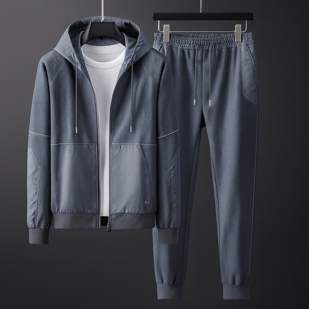 Grauer Herren-Trainingsanzug mit Kapuzenjacke und Jogginghose, aus atmungsaktivem Material, ideal für Sport und Freizeit.