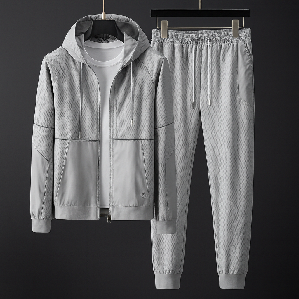 Grauer Trainingsanzug mit Kapuzenjacke und Jogginghose, aus atmungsaktivem Material, ideal für Sport und Freizeit. Perfekt für Herrenmode.