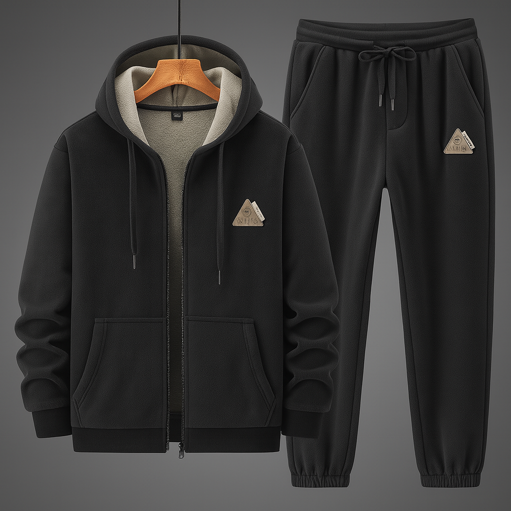 Schwarzer Herren-Trainingsanzug mit Kapuzenjacke und Jogginghose, weiches Fleece, modernes Design, ideal für Sport und Freizeit.