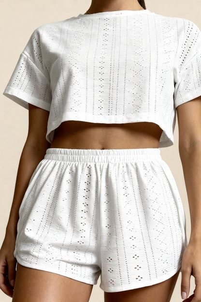 Sommerpyjama-Set für Damen im Broderie-Anglaise-Stil mit Kurzarm-Crop-Top und Shorts