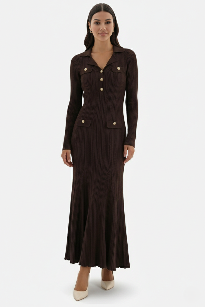 Damen Maxi-Strickkleid Mit Langen Ärmeln
