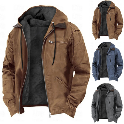 Vier Herren-Winterjacken mit Kapuze in Braun, Blau und Schwarz, gefüttert, Reißverschluss, Taschen, ideal für kaltes Wetter, modisch und warm.