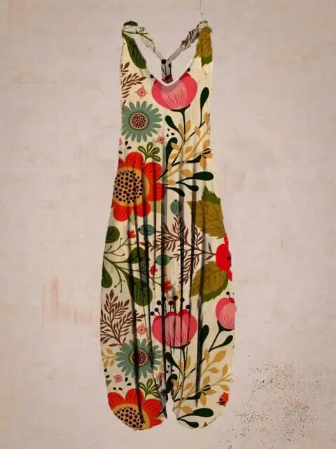 Bunter Jumpsuit mit Blumenmuster, ärmellos, aus leichtem Stoff. Ideal für Sommermode, Damenbekleidung, Freizeitkleidung, florales Design.