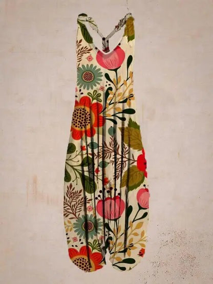 Bunter Jumpsuit mit Blumenmuster, ärmellos, aus leichtem Stoff. Ideal für Sommermode, Damenbekleidung, Freizeitkleidung, florales Design.