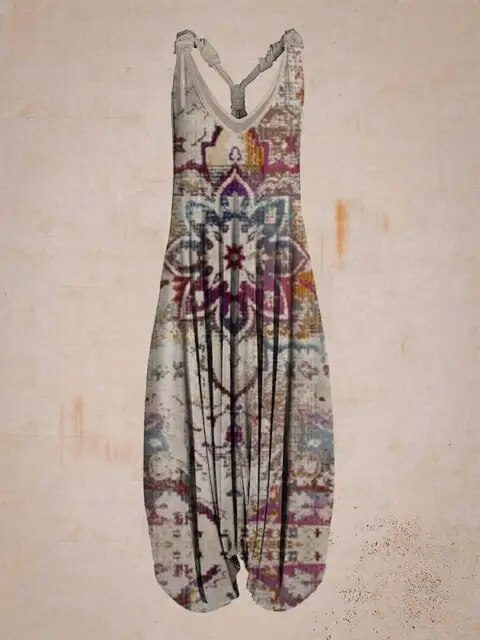 Boho-Chic Jumpsuit mit Mandala-Muster, ärmellos, lockerer Schnitt, ideal für Sommermode, Damenbekleidung, trendiges Design, bequemer Stoff.