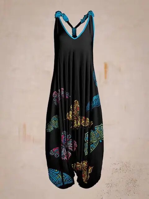 Schwarzer Haremshose Jumpsuit mit buntem Schmetterlings- und Fächerprint, ärmellos, lockerer Schnitt, ideal für Sommermode und Freizeitkleidung.