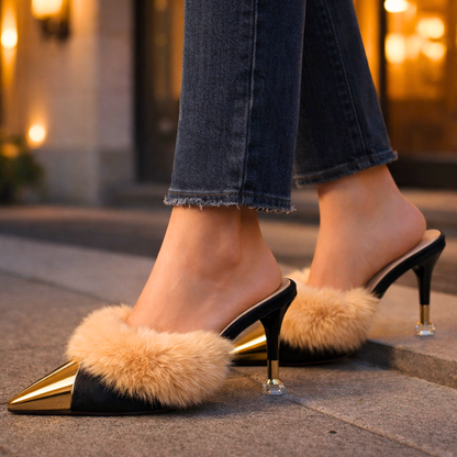 Damen Slip-On-Mules mit Absatz, spitzer Zehenpartie und Spiegel-Finish