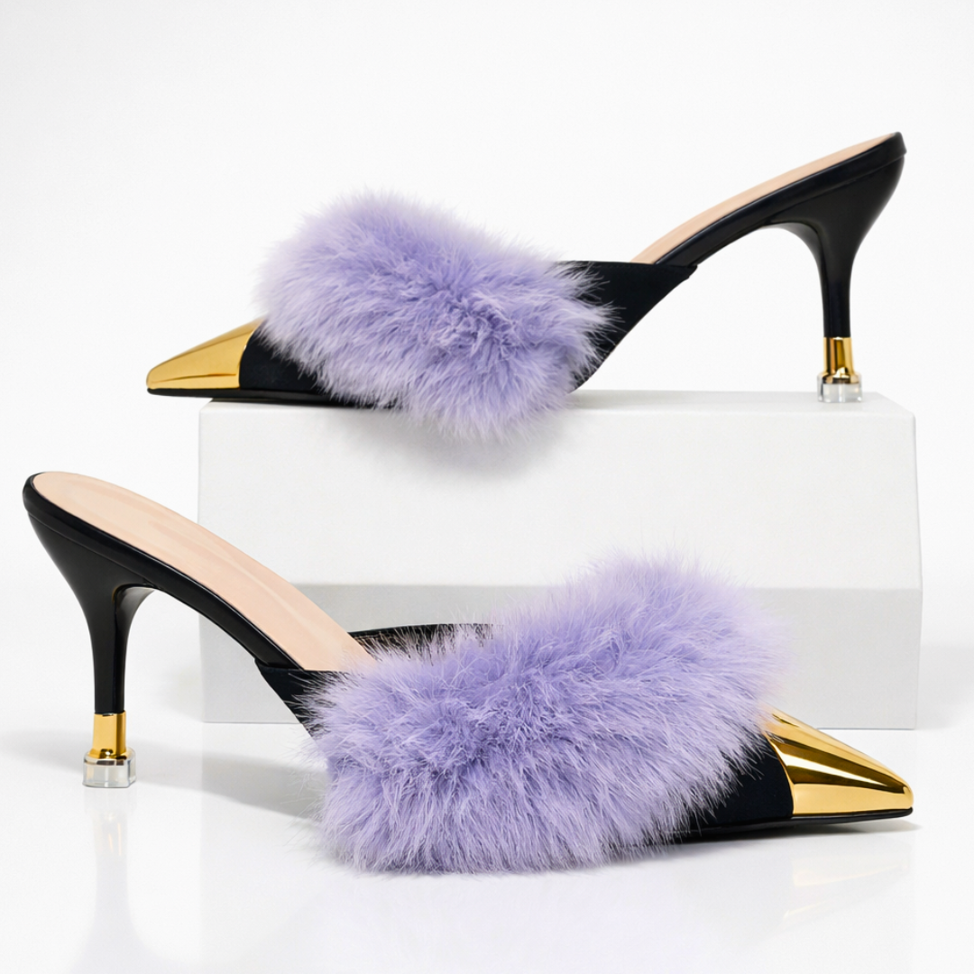 Damen Slip-On-Mules mit Absatz, spitzer Zehenpartie und Spiegel-Finish